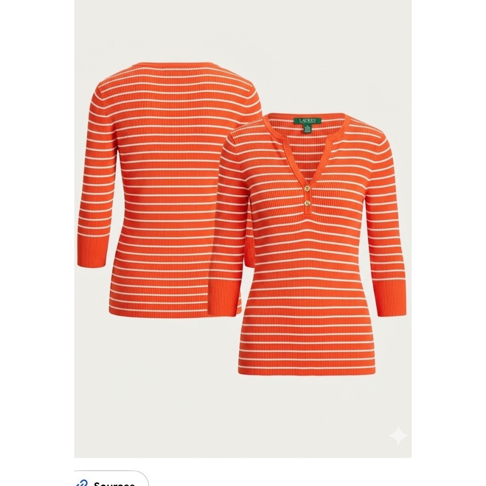 Lauren Ralph Lauren Orange White Striped Ribbed Henley Top 3/4 Sleeve Medium - Picture 2 of 8